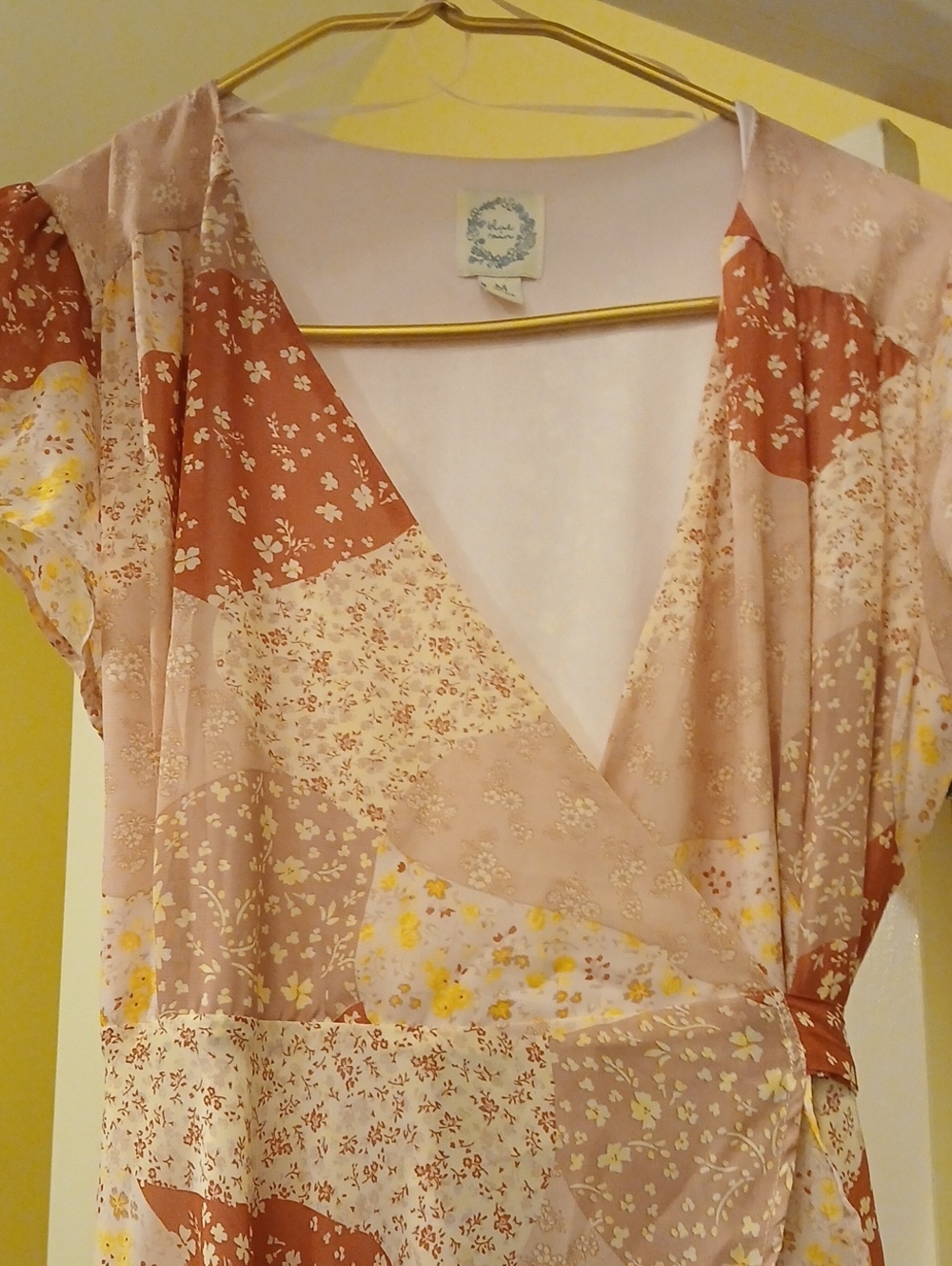 Blue Rain Patchwork Floral Wrap DRESS in Blush and Rust